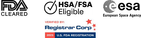 FDA Cleared, HSA/FSA Eligible, European Space Agency, U.S. DA registration 2025, BionicGym trust badges.