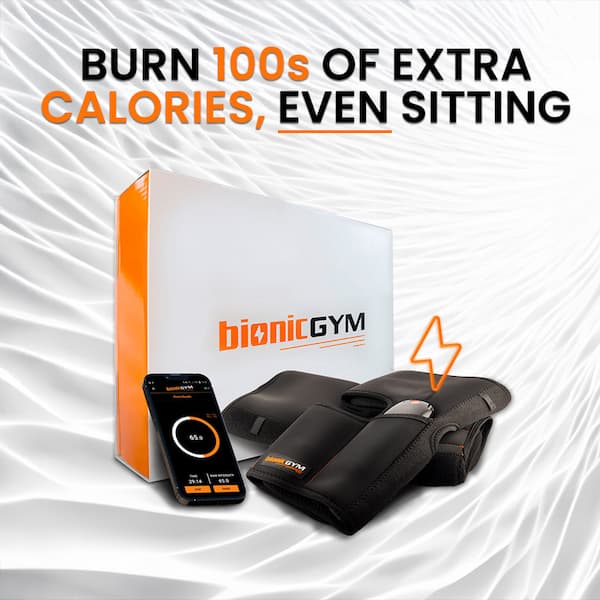 BionicGym EMS cardio device shown with its retail box on a white wavy background with promotional text.