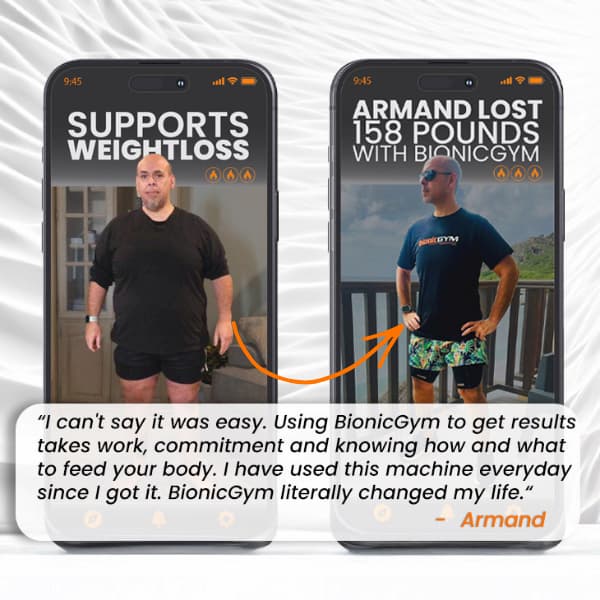 Two smartphone mockups side by side showing before-and-after fitness transformation screens with text about weight loss and BionicGym, plus a large quote box below with the name Armand.