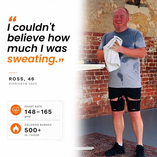 A promotional fitness graphic featuring a man in a gray t-shirt and black shorts with BionicGym, holding a towel while sweating in front of a brick wall. The left side includes a quote, the name 'ROSS, 46', and workout stats: heart rate 148-165 BPM and calories burned 500+ in 1 hour.
