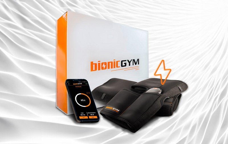 BionicGym - Exercise on Autopilot! - BionicGym packaging with wraps and phone with  the app switched on.