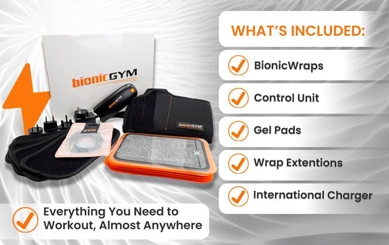 Exercise On Autopilot With BionicGym - BionicGym. Whats included with BionicGym. Showing BionicWraps, control unit, gel pads, wrap extentions, international charger.