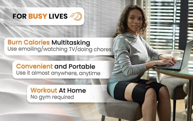 Exercise On Autopilot With BionicGym - BionicGym. For busy lives. A woman sitting at her laptop while using BionicGym