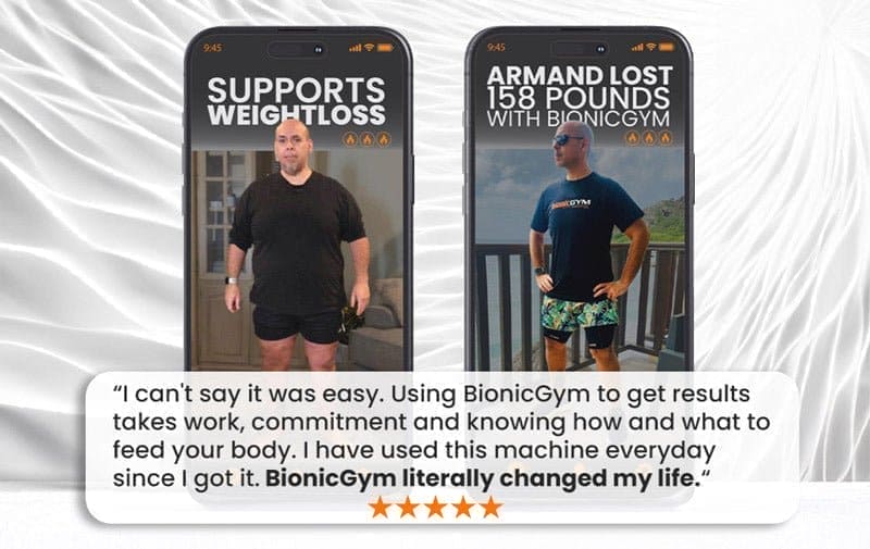 Exercise On Autopilot With BionicGym - BionicGym. A before and after picture of Armand. He lost 158 lbs using BionicGym
